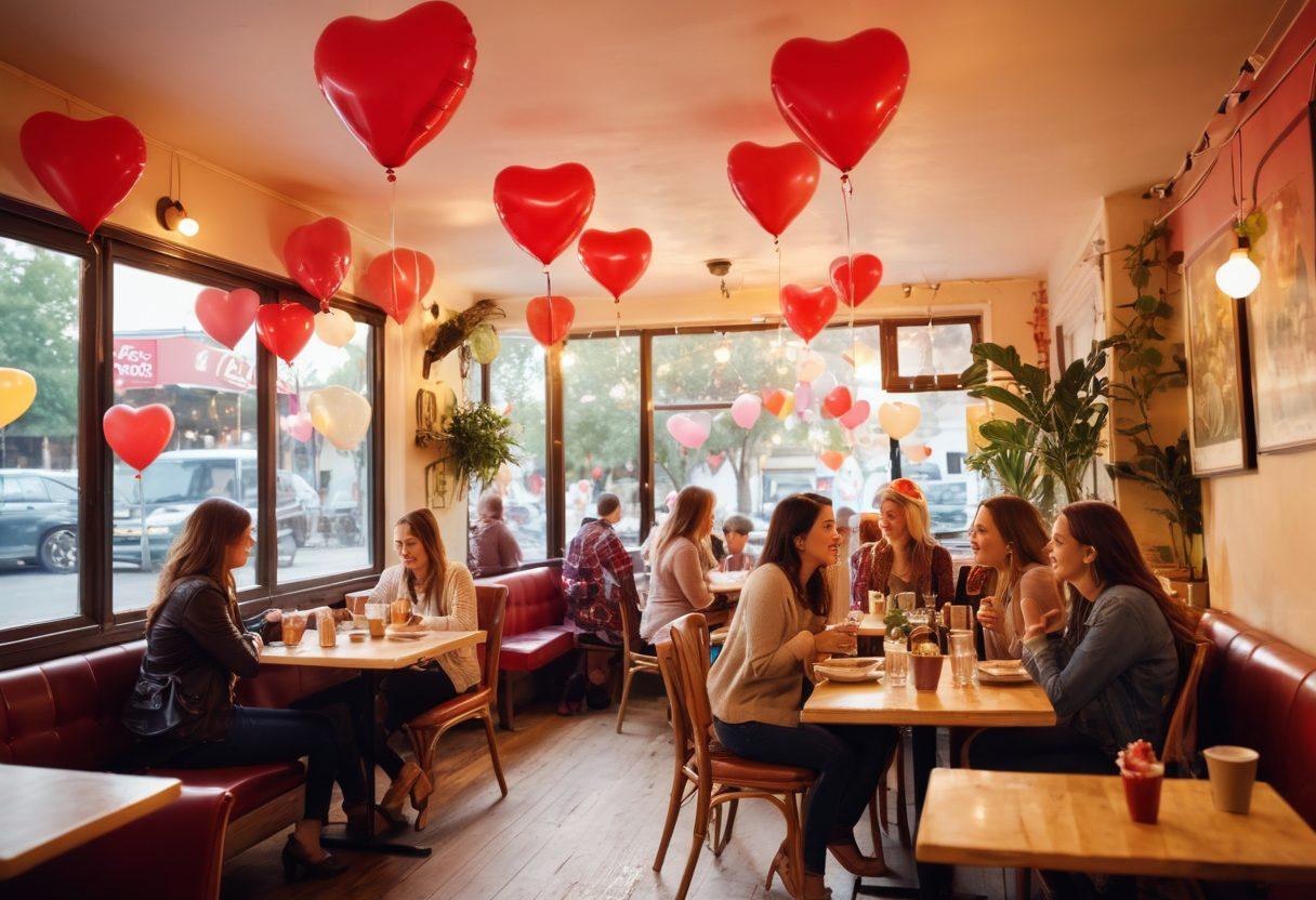 A captivating scene depicting a bustling local cafe where singles are mingling and engaging in conversation, vibrant decorations around the space, soft lighting creating a warm atmosphere, diverse individuals exchanging smiles and laughter, and romantic elements like heart-shaped balloons and cozy seating. super-realistic. vibrant colors. soft-focus background.