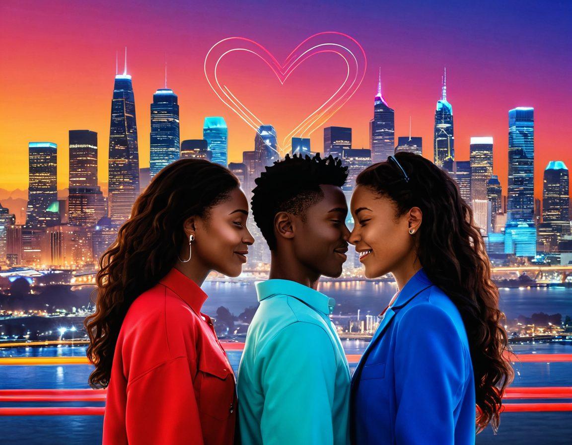 A visual representation of two digital profiles merging with heart icons and connection lines, symbolizing love and compatibility. The background features a vibrant city skyline, suggesting modern dating scenarios. Incorporate diverse individuals interacting through their digital devices, showcasing emotional expressions of happiness and anticipation. Use vibrant colors to evoke a sense of excitement and possibility. super-realistic. vibrant colors. 3D.