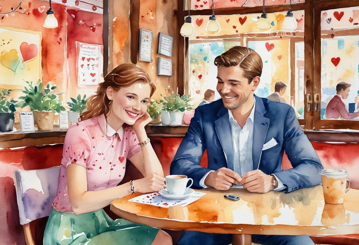 A whimsical scene depicting two people in an elegantly set café, exchanging playful glances and subtle smiles, surrounded by heart-shaped decorations and soft lighting. In the background, a computer screen displays a matchmaking database filled with vibrant profiles. The atmosphere is warm and inviting, capturing the essence of romance and connection. watercolor painting. soft pastels. warm tones.